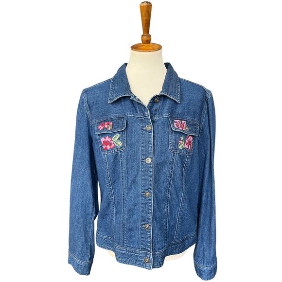 Vintage 90s Y2K Boho Christopher & Banks Embroidered Floral Denim Jacket Size XL - Picture 1 of 9